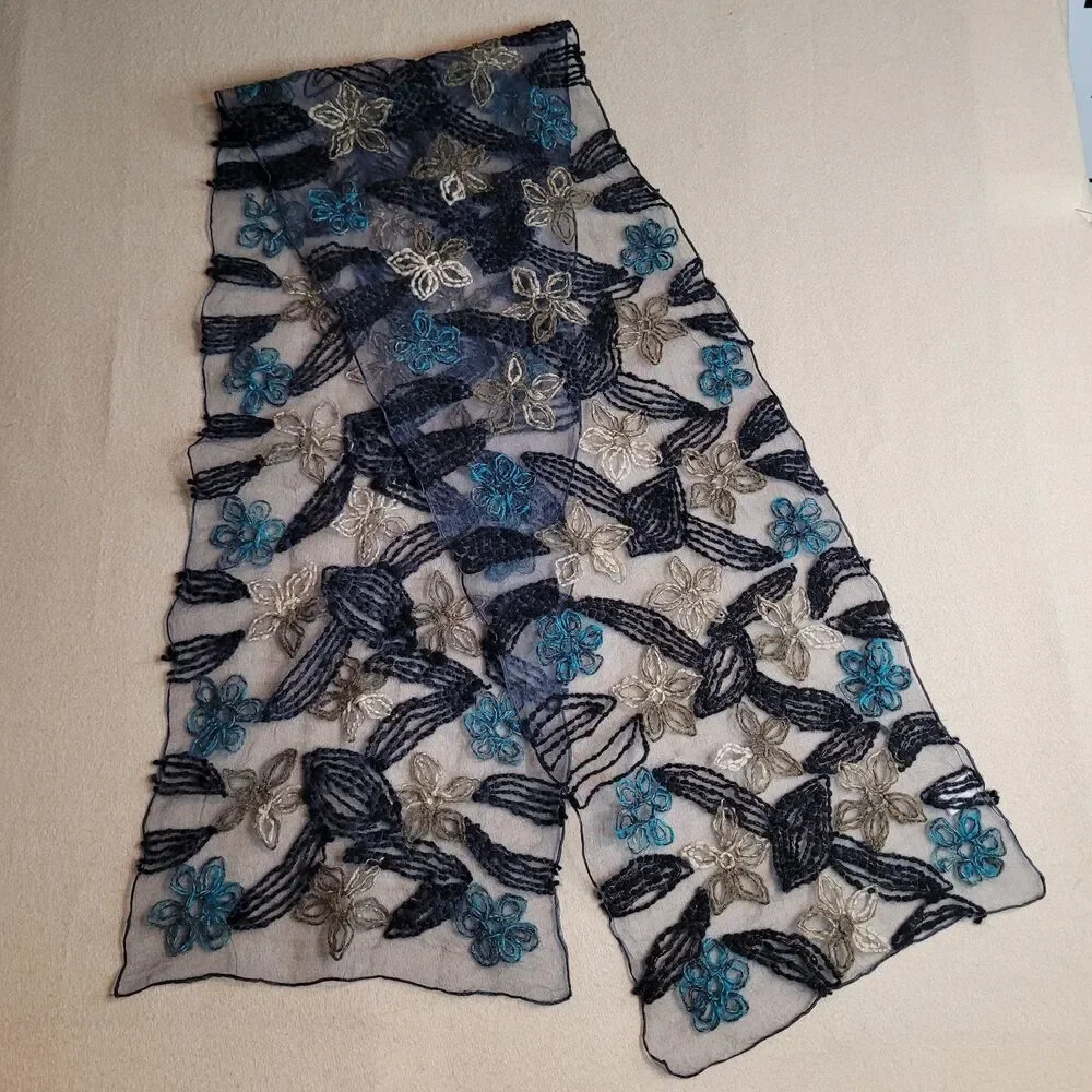 100% Silk Scarf Hand Woven Textured Black Blue White Floral 64x12 Artsy Boho